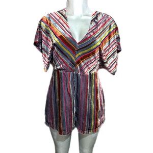 LUSH Striped Burnout Velvet Romper Shorts Multicolor V Neck Eclectic Festival M